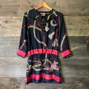 WORTH Chain Print Silk Tunic XS Navy Red 3/4 Sleeve Royalcore Old Money Nautical